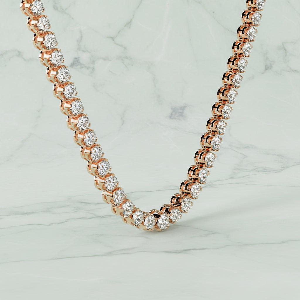 Rose gold and diamond necklace on a beige background