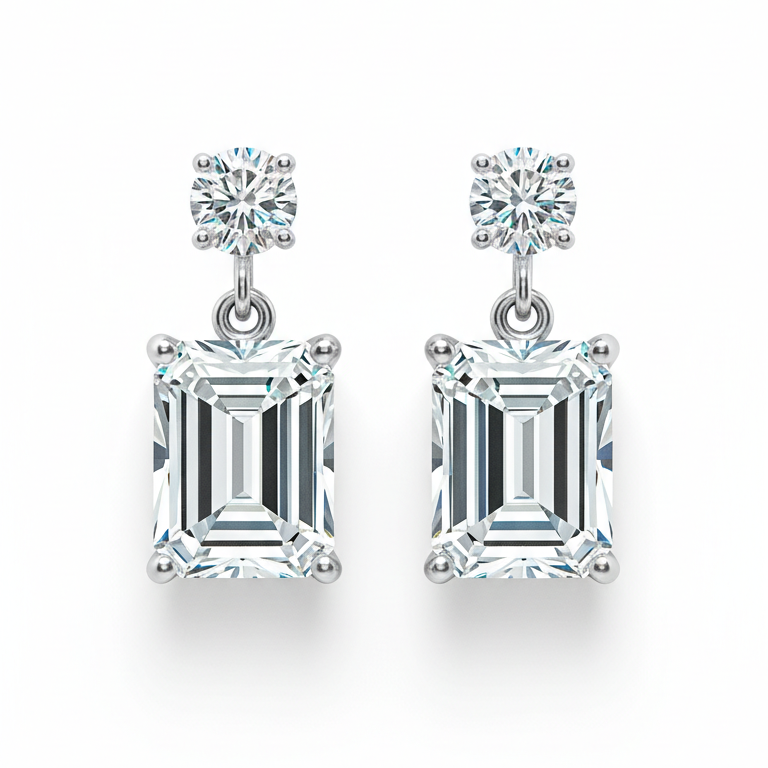 Emerald Cut Drop Earrings – Dual Stone Design