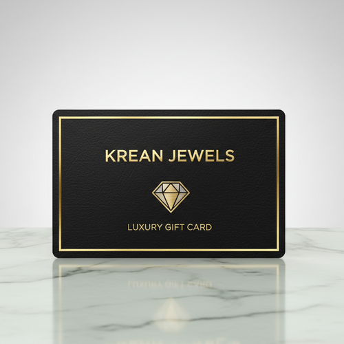 Krean Jewels luxury gift card on a marble surface with a white background